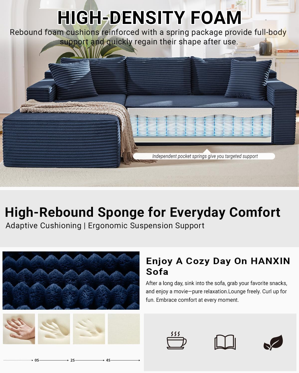 105 Inch Cloud Sectional Couch,Modern Modular Sectional Sofa with Deep Seat,Corduroy Boneless Couches with L-Shape Chaise for Living Room Bedroom,No Assembly Required (Blue, Left Facing Chaise)