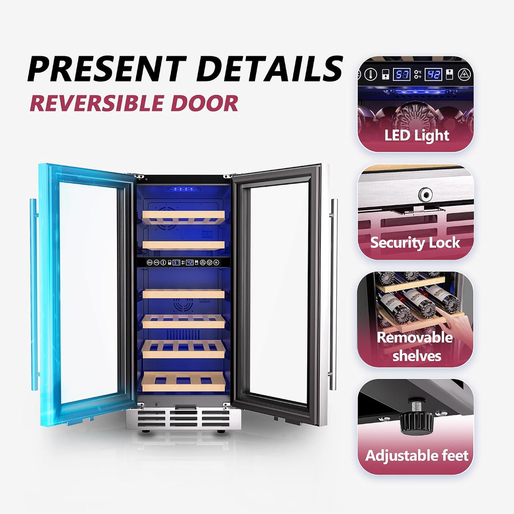 Icyglee 15 Inch Dual Zone Wine Fridge, 30 Bottles Under Counter Wine Cooler Refrigerator with Double-Layer Glass Door for Home Office Bar, Built-in Wine Refrigerator with security lock,40-65°F