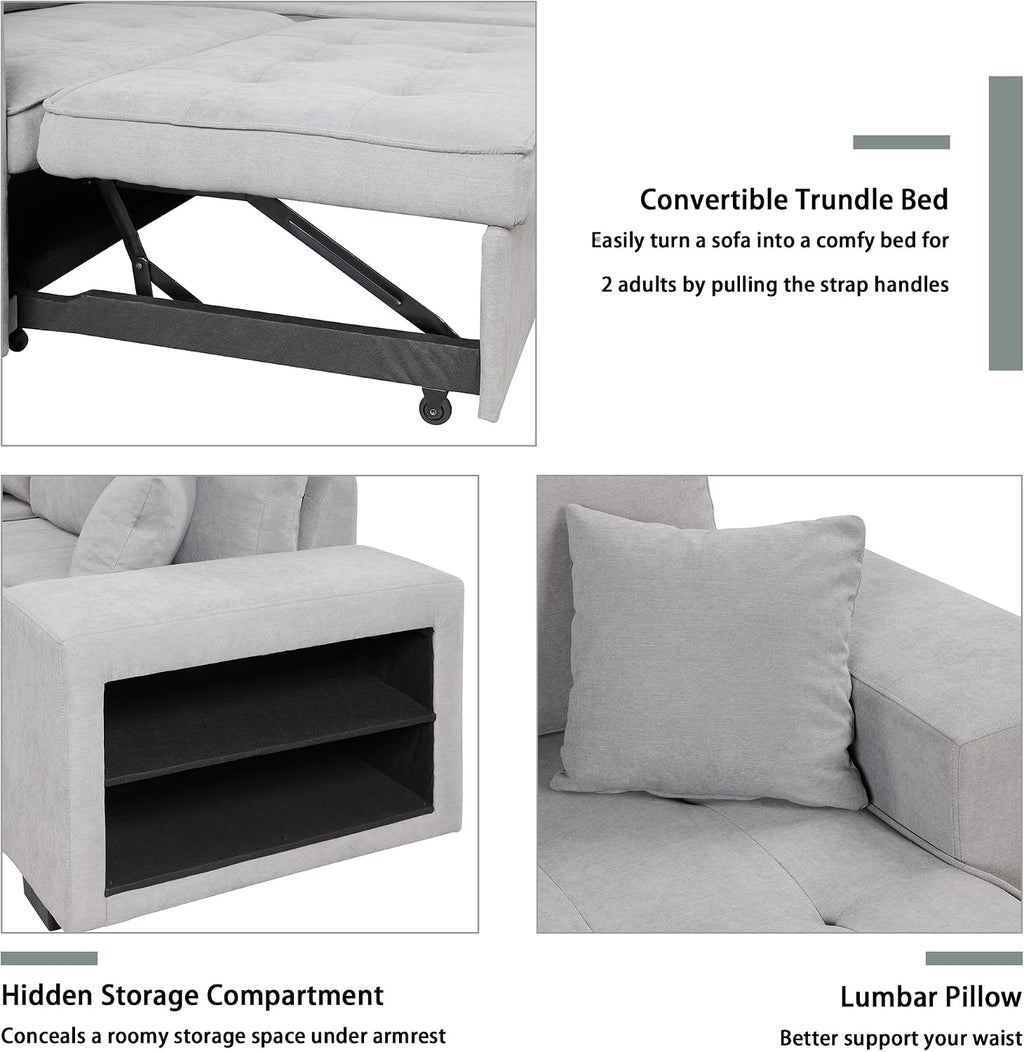 104.5 inch Reversible Sleeper Sectional Sofa with Pull Out Bed , Convertible L Shaped Sectional Couch with Storage Chaise and 2 Stools , Tufted Upholstered Pullout Sofa Bed for Living Room Apartment