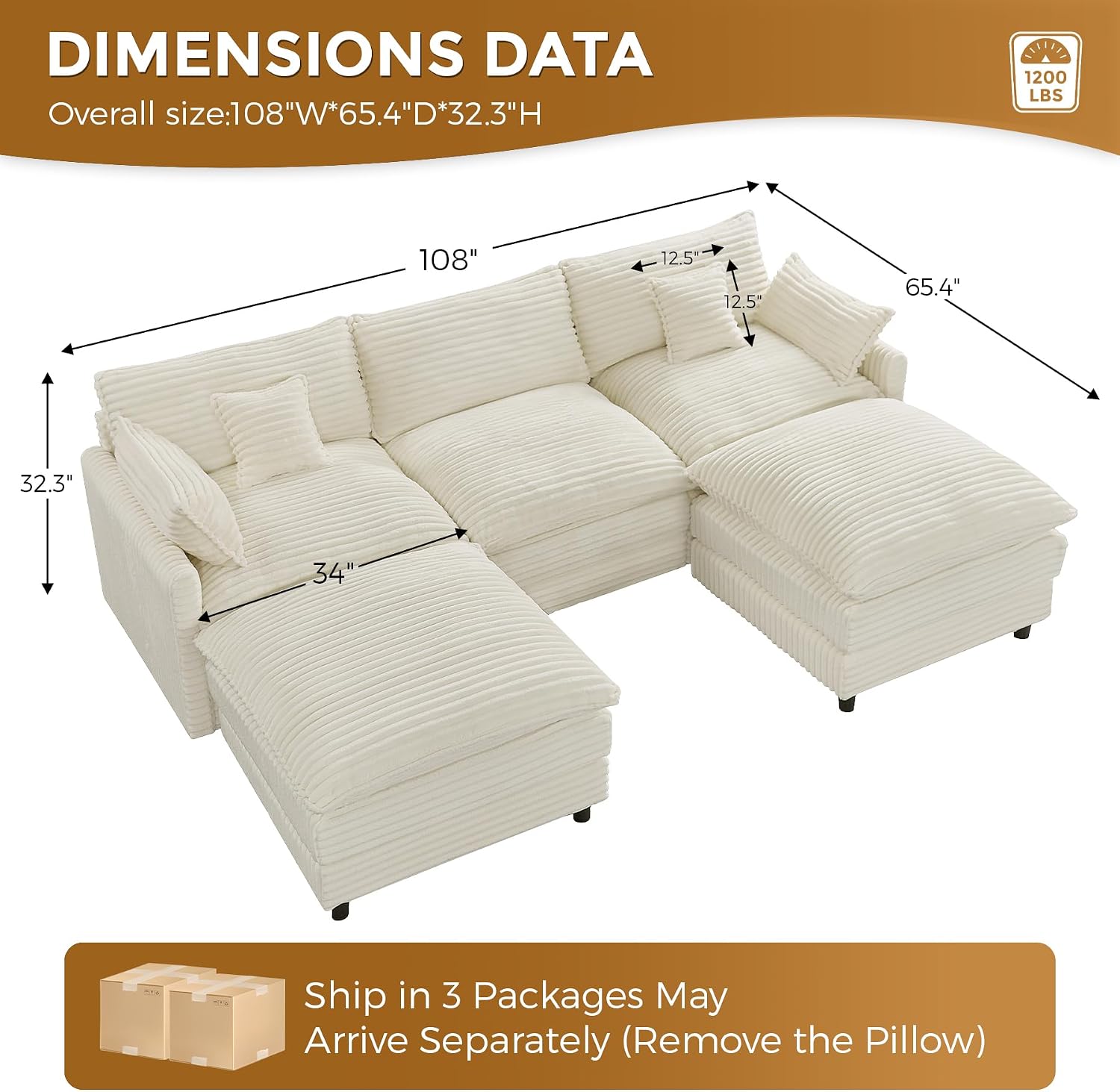HYJT-H&K 108' U Shaped Cloud Couch Modular White Sectional Couches for Living Room, Comfy Fluffy Corduroy Oversized Cloud Sectional Couch Large 5 Seat Sectionals Sofa Set, White