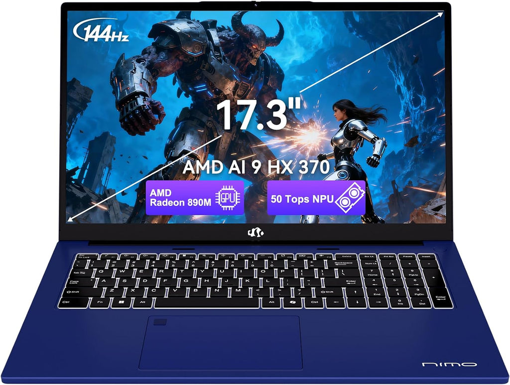 NIMO 17.3' Copilot+ Laptop, AMD Ryzen AI 9 HX 370(50 Tops NPU), Radeon 890M, 64GB RAM 2TB SSD, DDR5, 144Hz, PD 100W USB-C 4.0, AI Laptop with Wi-Fi 6E for Student Working Business