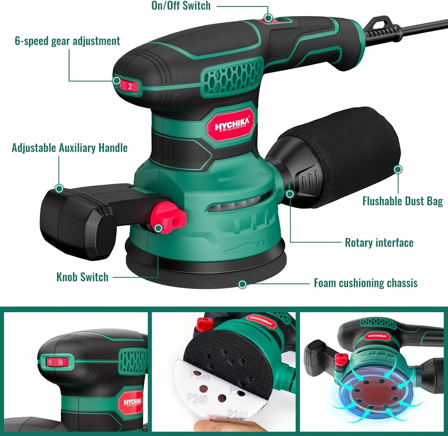 HYCHIKA Power Tool Combo Kit, 18 V Max Cordless Impact Wrench with 1/2 Impact Drivers,Orbital Sander 3.8Amp 450W,2-Tool Power Tool Set