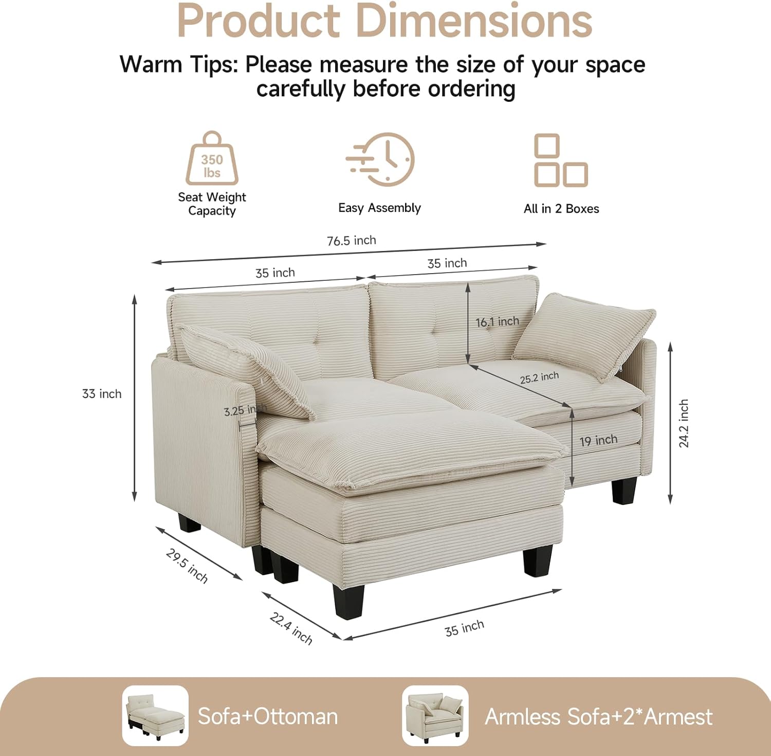 Amsleekey Modular Sectional Sofa, 76.5' L-Shaped Corduroy Comfy Sectional Couches for Living Room, 2-Seater Cloud Couches with 1 Movable Ottoman, Flexible Combination Modern Deep Seat Sofa (Beige)