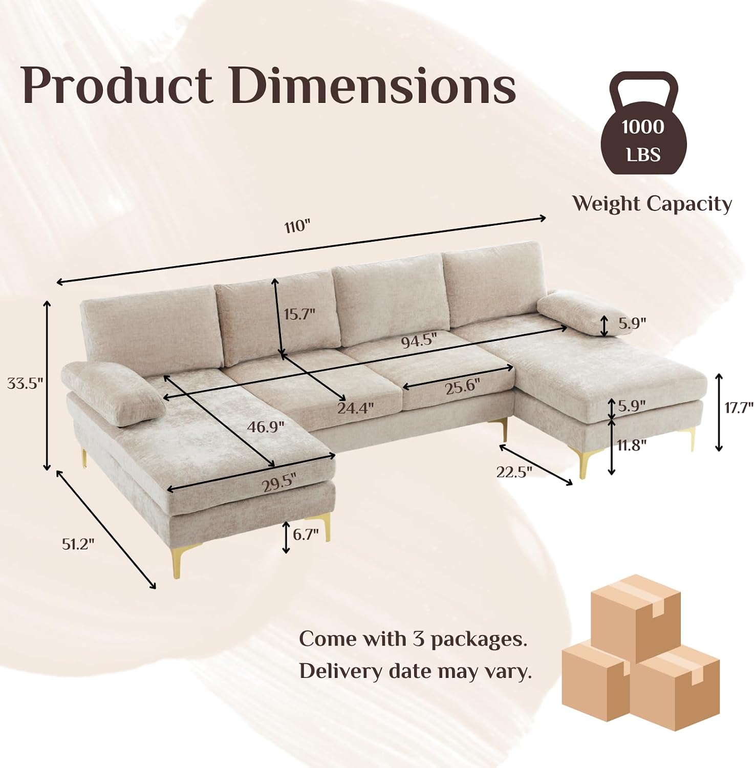 Karl home Convertible Sectional Sofa 110' U-Shape Sofa Couch 4-Seat Couch with Chaise ChenilleFabric Upholstered for Living Room, Apartment, Office, Camel