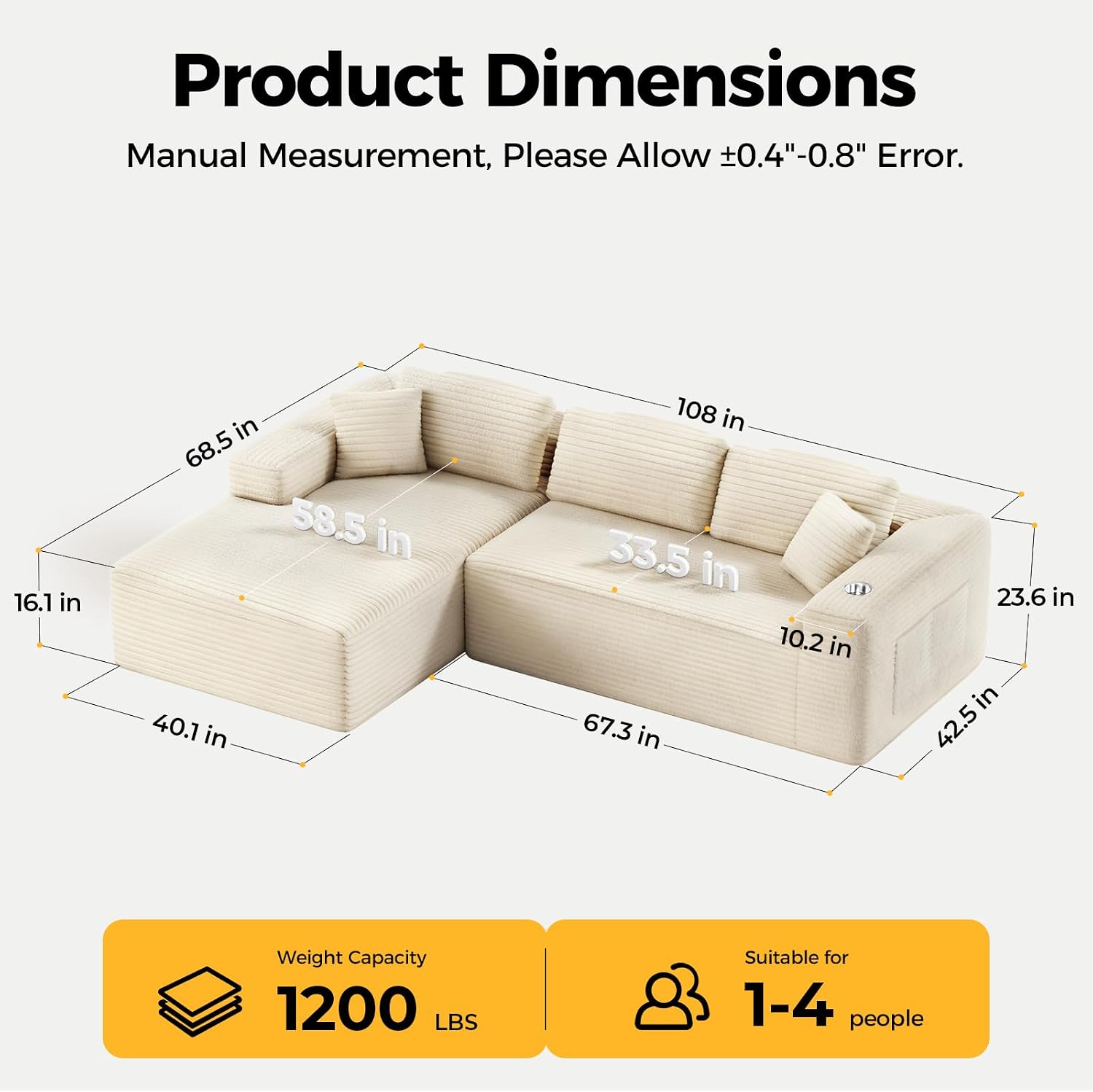 CAMMOO 108' Cloud Sectional Couch in One Box, Compressed Modular Sectional Sofa with Deep Seat, Corduroy Boneless Couches, L-Shaped Sofa for Living Room, 4 Storage Pockets(Left Facing Chaise, Beige)