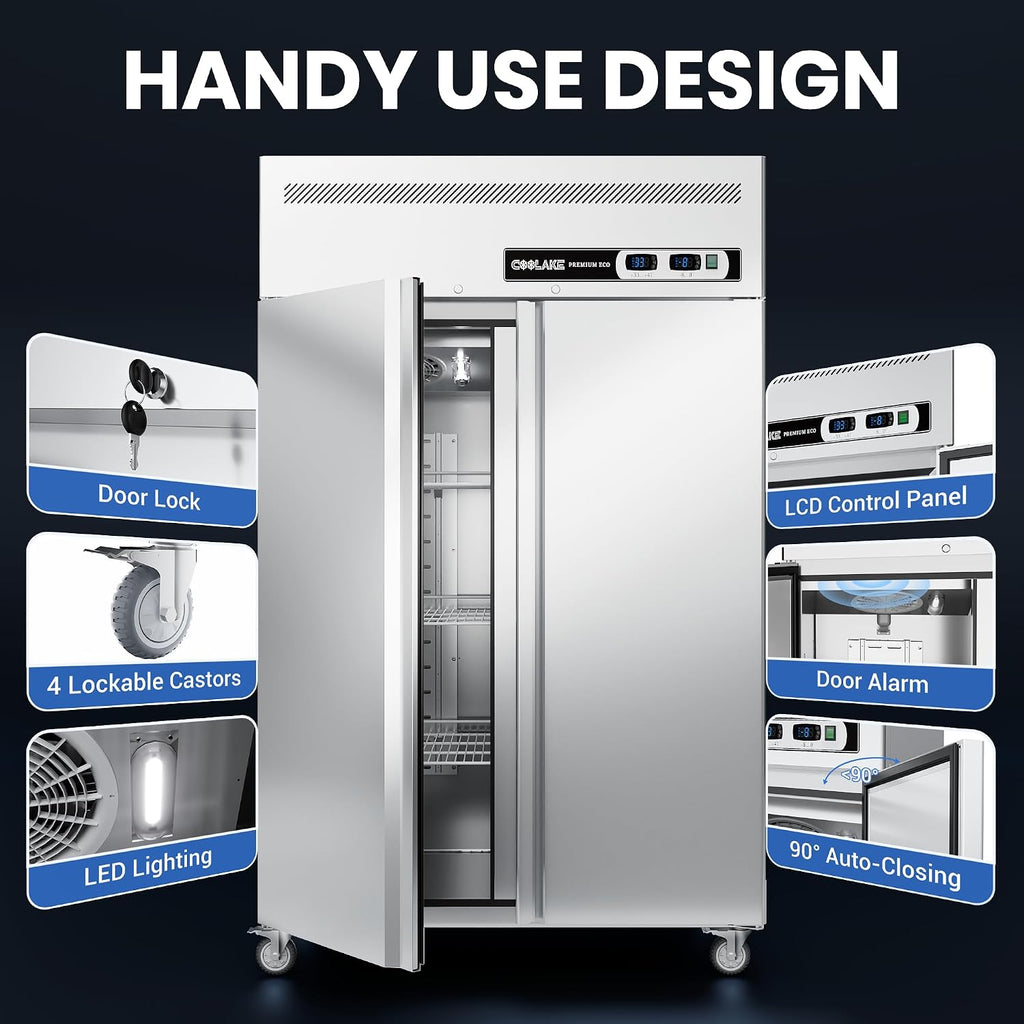 Coolake Commercial Upright Freezer Refrigerator Combo, 48' W Dual Temp Zones, 36 Cu.ft Stainless Steel, 2 Door Reach in Freezer for Restaurant Bar Shop Kitchen Garage School Church