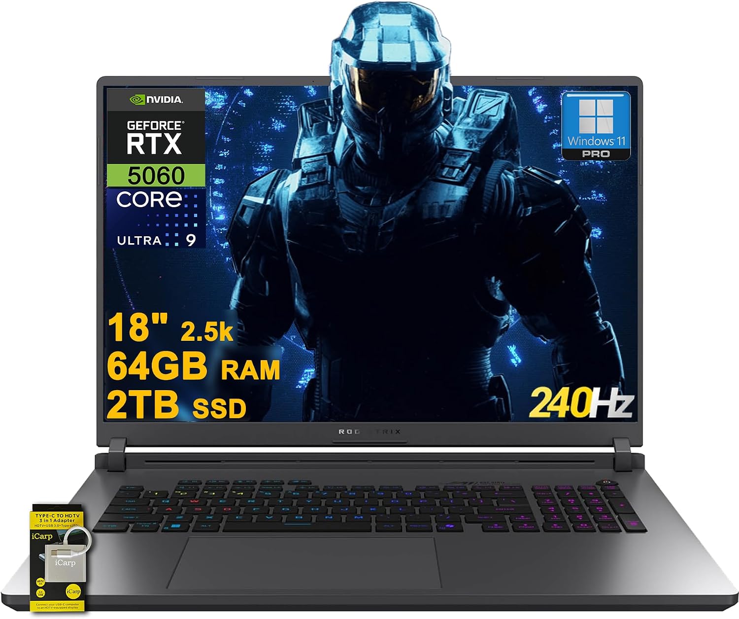 ASUS ROG Strix G18 G815 Gaming AI PC Laptop 18' 2.5k (2560x1600) 240Hz (100% DCI-P3, 3ms) Intel 24-core Ultra 9 275HX 64GB RAM 2TB SSD GeForce RTX 5060 RGB Backlit Wi-Fi7 Win11Pro ICP Hub/