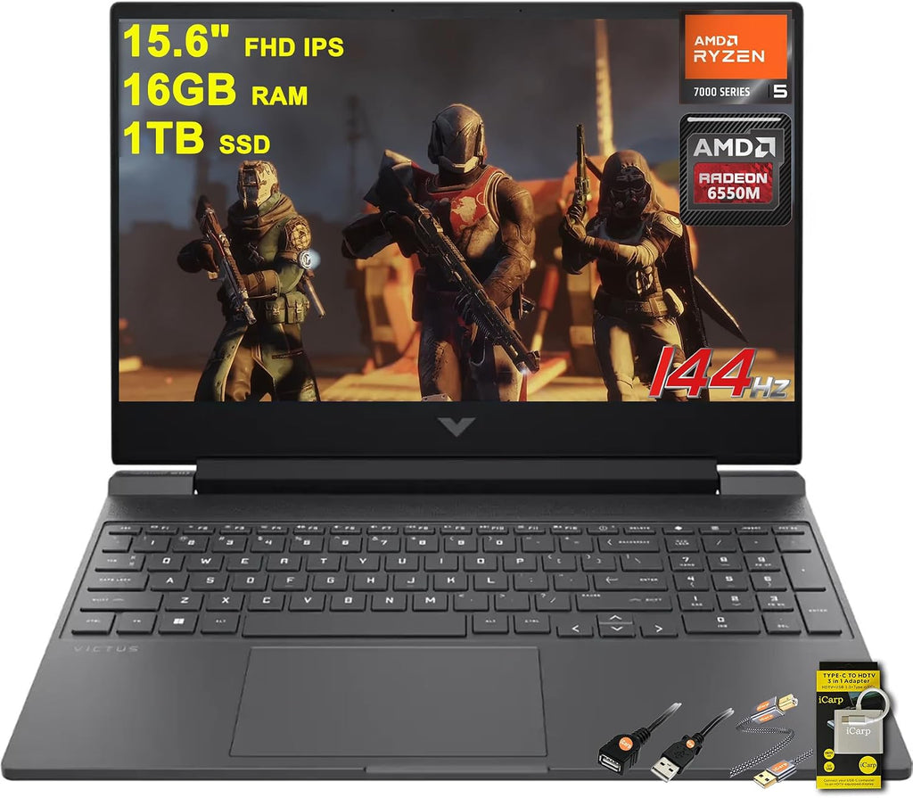 HP Victus 15 Gaming Laptop 15.6' FHD IPS 144Hz (AMD FreeSync Premium) AMD Hexa-core Ryzen 5 7535HS 16GB RAM 1TB SSD Radeon RX 6550M (>RTX3050) Backlit Type-C Fast Charging Win11 ICP Accessory