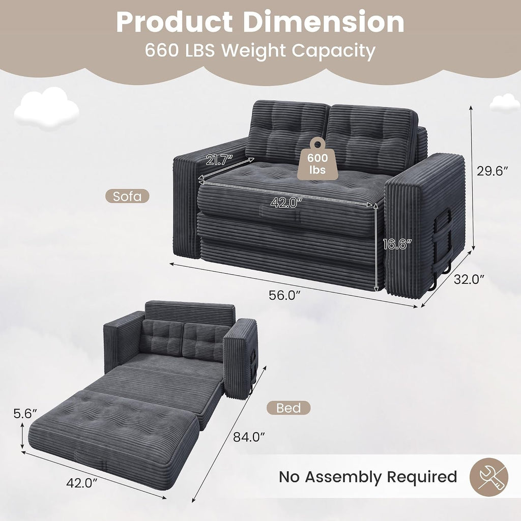 Convertible Sofa Bed, 2 in 1 Boneless Couch Bed with 2 Pillows, Corduroy Pull out Couch Folding Sofa Bed with Deep Seat, Small Loveseat Sleeper Sofa Bed in a Box for Small Spaces, No Assembly Required