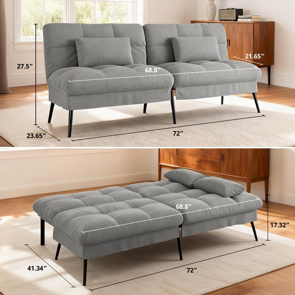 COMHOMA 72″ Futon Sofa Bed,Convertible Fabric Couch with Adjustable Backrest,Loveseat Recliner Sleeper Living Room Furniture futon Set (Grey)