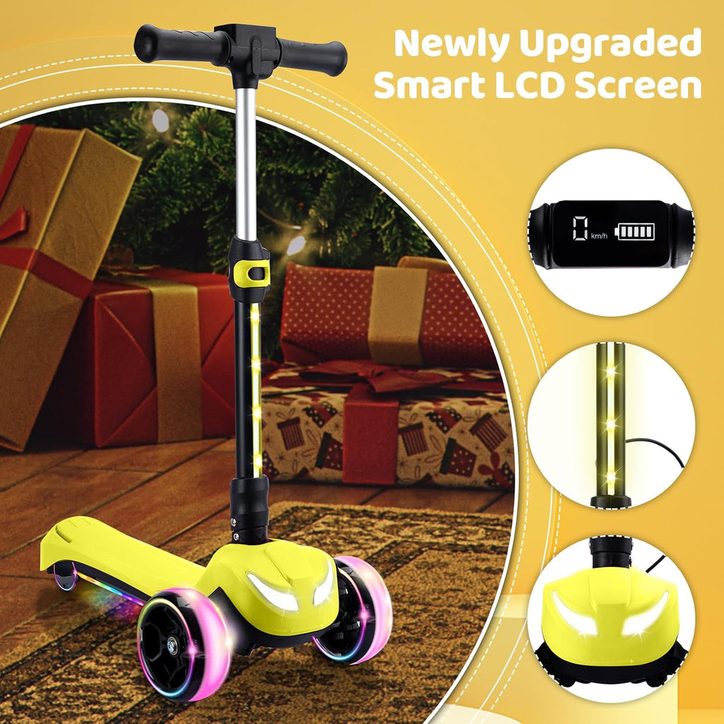 24V Electric Scooter for Kids w/150W Powerful Motor, Thumb Throttle, LCD Screen, Bluetooth, Light-Up Stem Deck & Wheels, 3 Adjustable Heights, 5MPH Safe Speed, 3 Wheel Electric Scooter for Kids