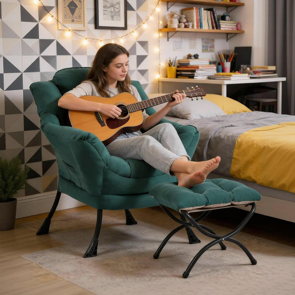 MBOOYOME Lazy Chair with Folding Ottoman, Modern Accent Armchair with Armrests and a Side Pocket & Foldable Footstool, Reading Chair for Living Room, Bedroom, Dorm & Office, Dark Green