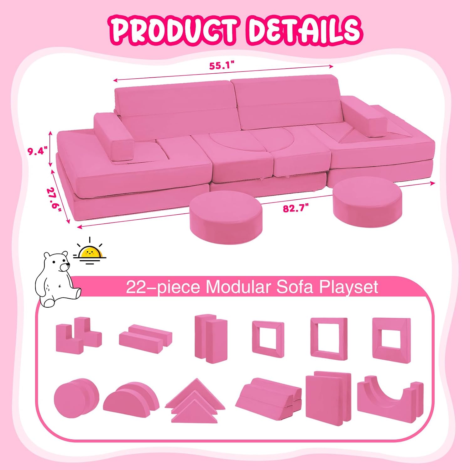 Edbuosy 22Pcs Modular Kids Play Couch - Kids Couch for Playroom Bedroom Living Rooms Toddler Sofa for Inspiring Child Creativity，Children Convertible Foam Sofa