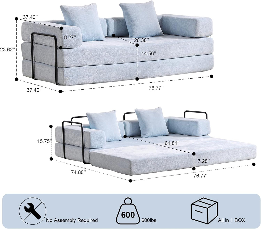 ZEIINPA Convertible Floor Sofa Bed with Fixed-Shape Frame, Modular Chenille Folding Mattress Couch with Armrest, Floor Sofa Lounge Couch for Living Room Bedroom Lounge Studio,Sky Blue