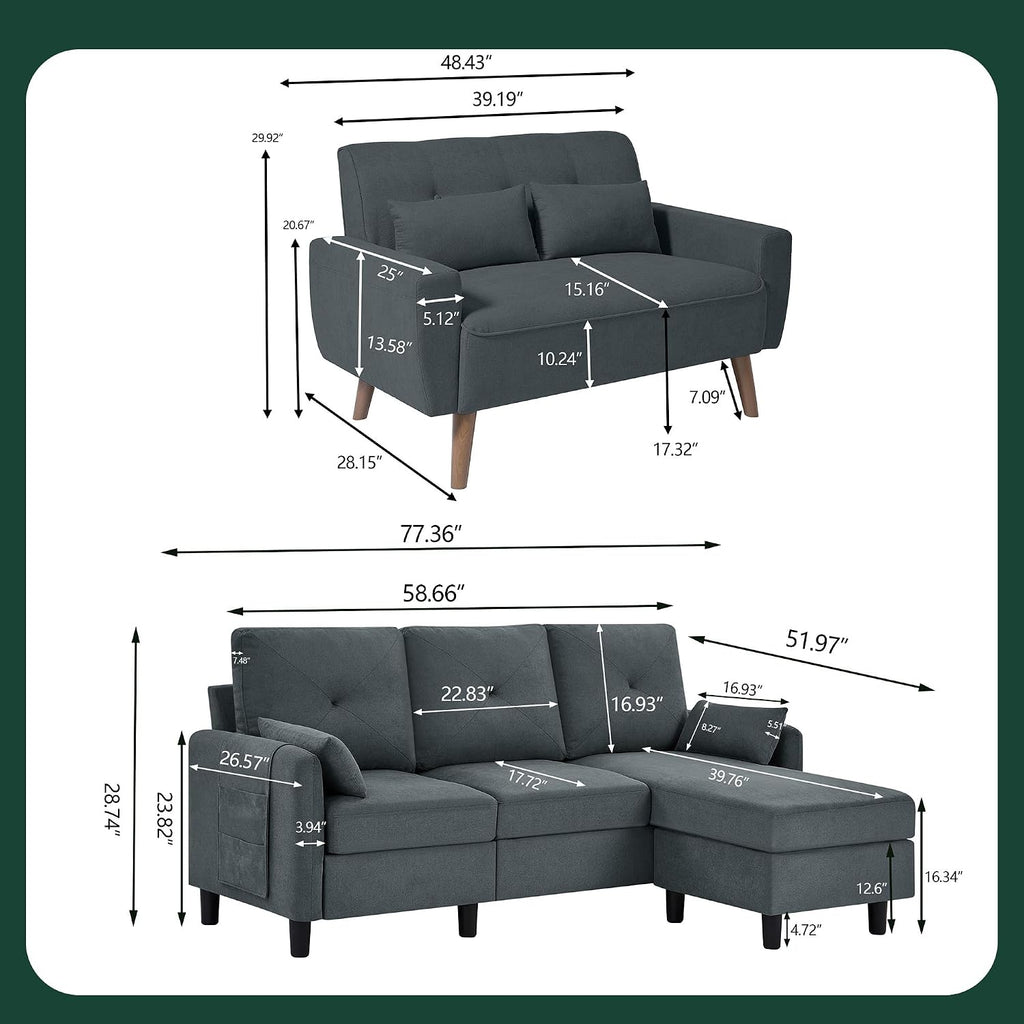 Convertible Sectional Couch Set, 77' L Shaped Sofa with Ottoman and 48' Loveseat, Modern Couches for Living Room, Apartment and Office, Dark Grey