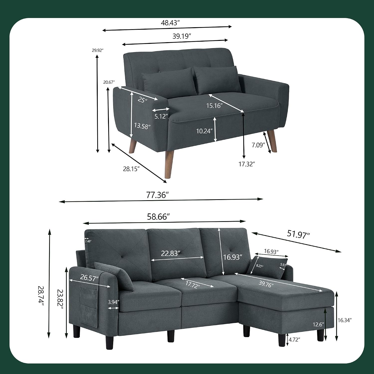 Convertible Sectional Couch Set, 77' L Shaped Sofa with Ottoman and 48' Loveseat, Modern Couches for Living Room, Apartment and Office, Dark Grey