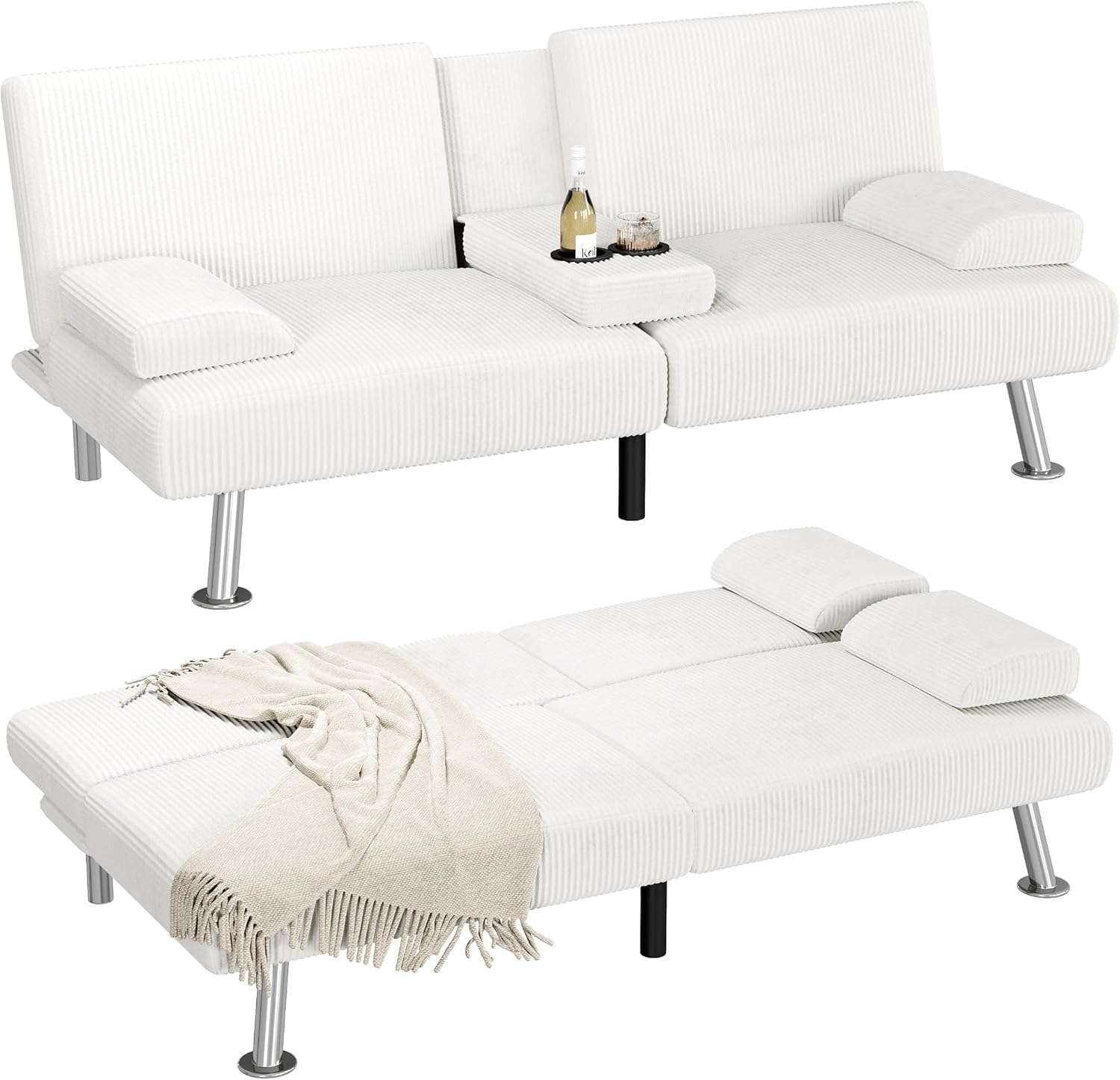 Homall Futon Sofa Bed, Futon Couch with Removable Armrests, Adjustable Recliner Sleeper Sofa Bed with Dual Cup Holders for Living Room, Apartment, Office (Corduroy, White)