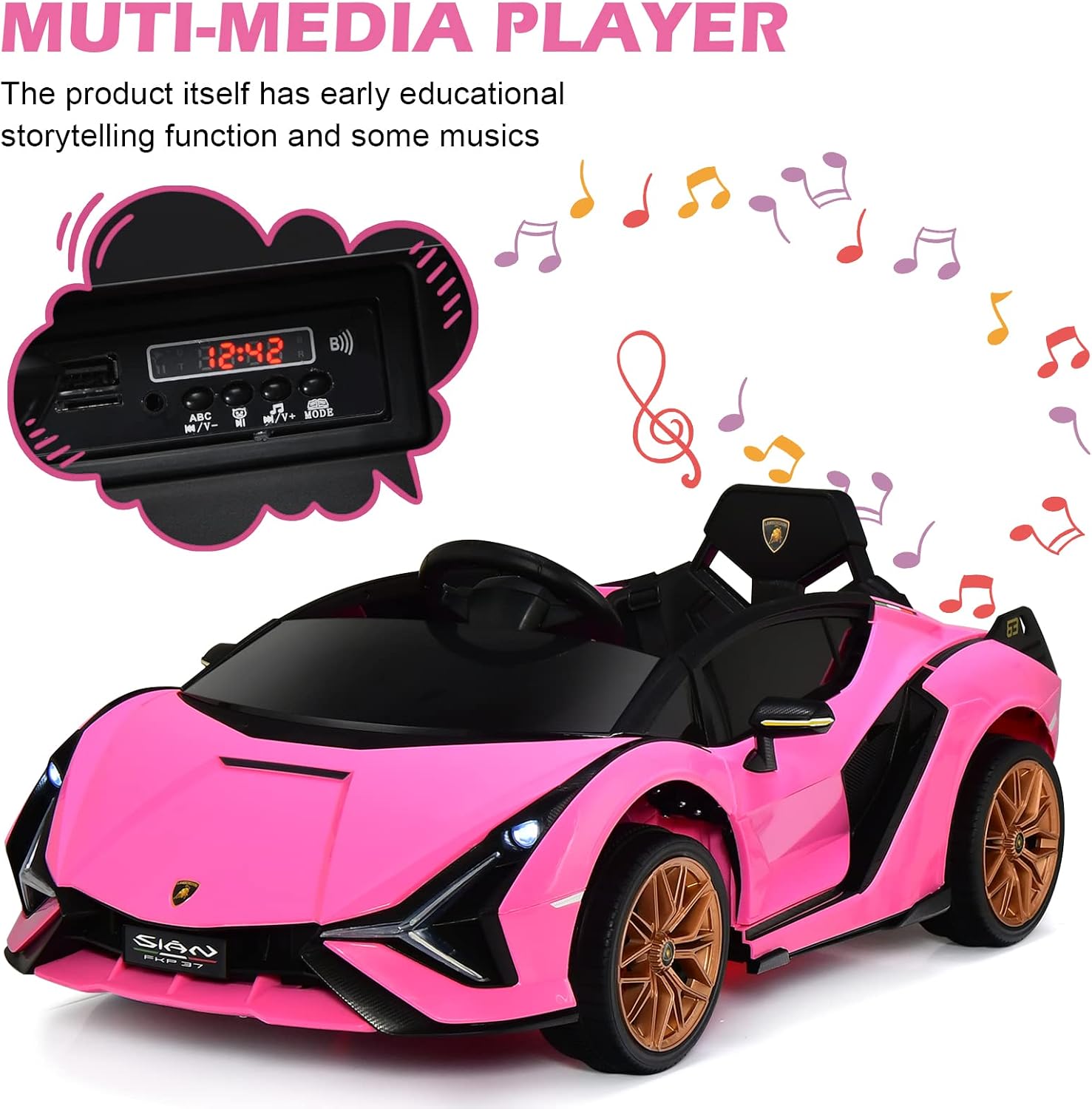 INFANS 12V Licensed Lamborghini Sian Kids Ride On Car with Parent Remote Control, Spring Suspension, MP3 Player, Electric Toy Roadster Carbon Fiber Textured for Toddler (Pink)