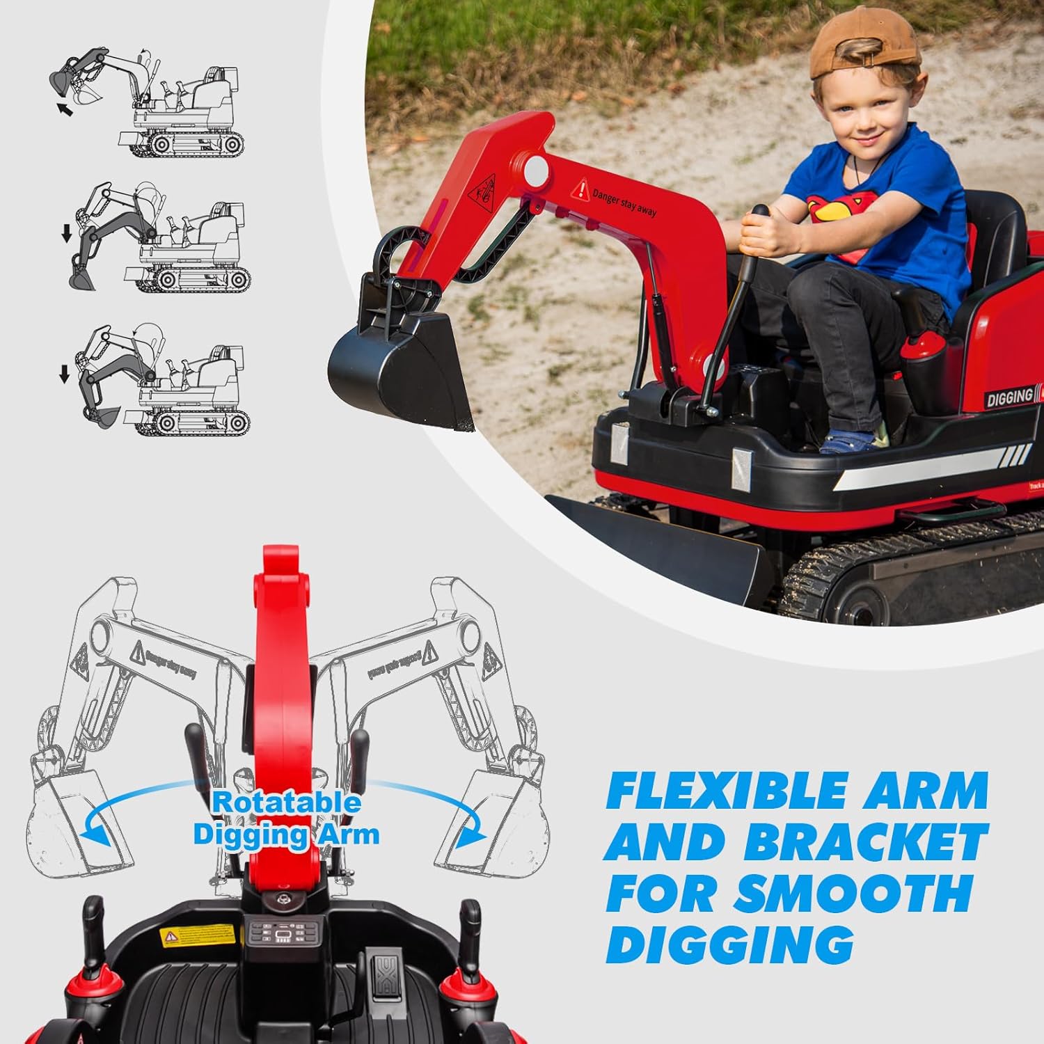 JOYLDIAS 360 Degree Rotating Ride On Excavator and Bulldozer,12V12AH Battery Powered Ride On Toy Backhoe W/Track Design Wheels for All Terrain,Remote Control,MP3,Toolbox for Kids,Parent,Red