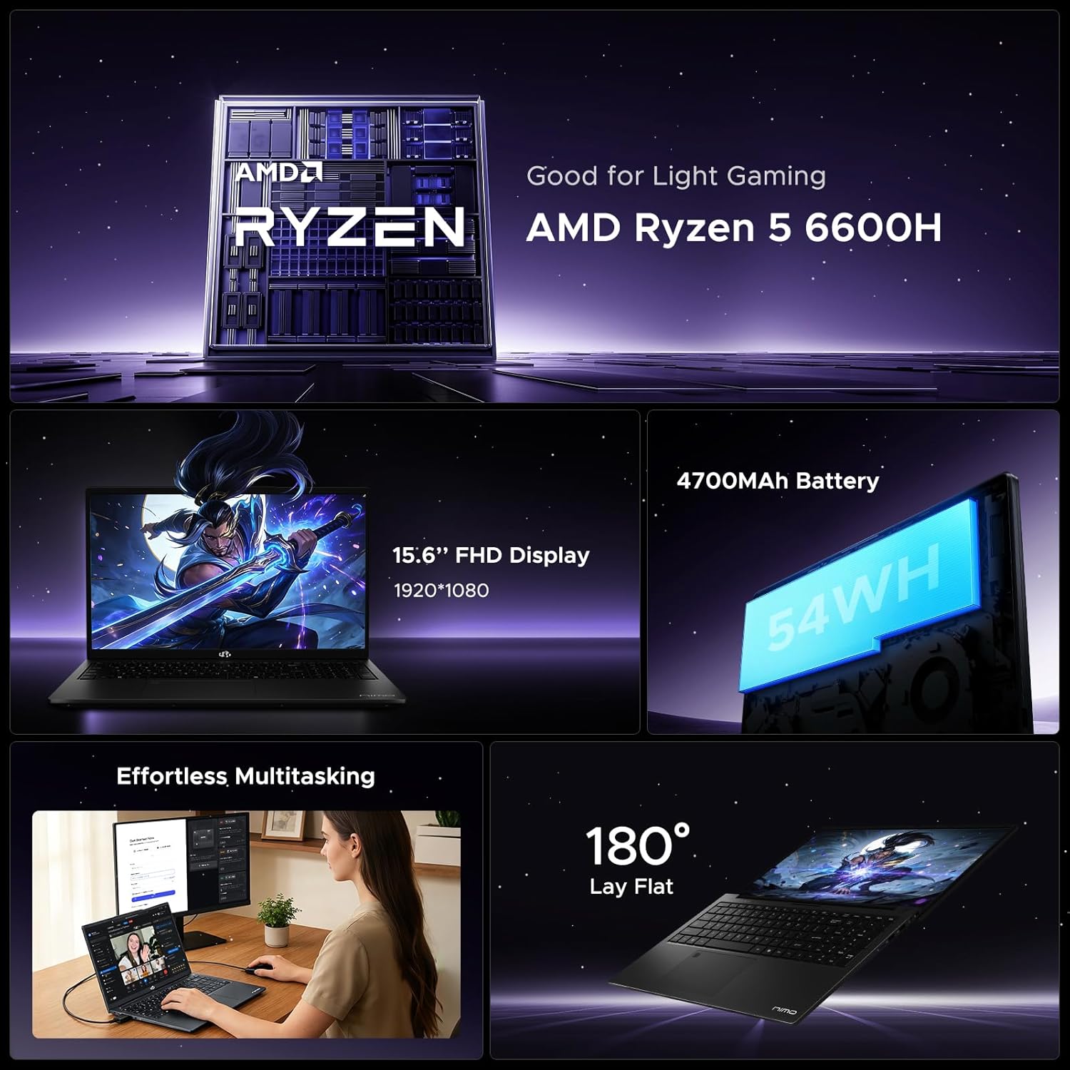 NIMO 15.6' IPS FHD-Gaming-Laptop,AMD Ryzen 5 6600H 16GB DDR5 RAM 512GB SSD (Beat i5-1335U, 6 Cores Up to 4.5GHz) AMD Radeon 660M GPU-Computer with 100W Type-C Backlit Keyboard Fingerprint