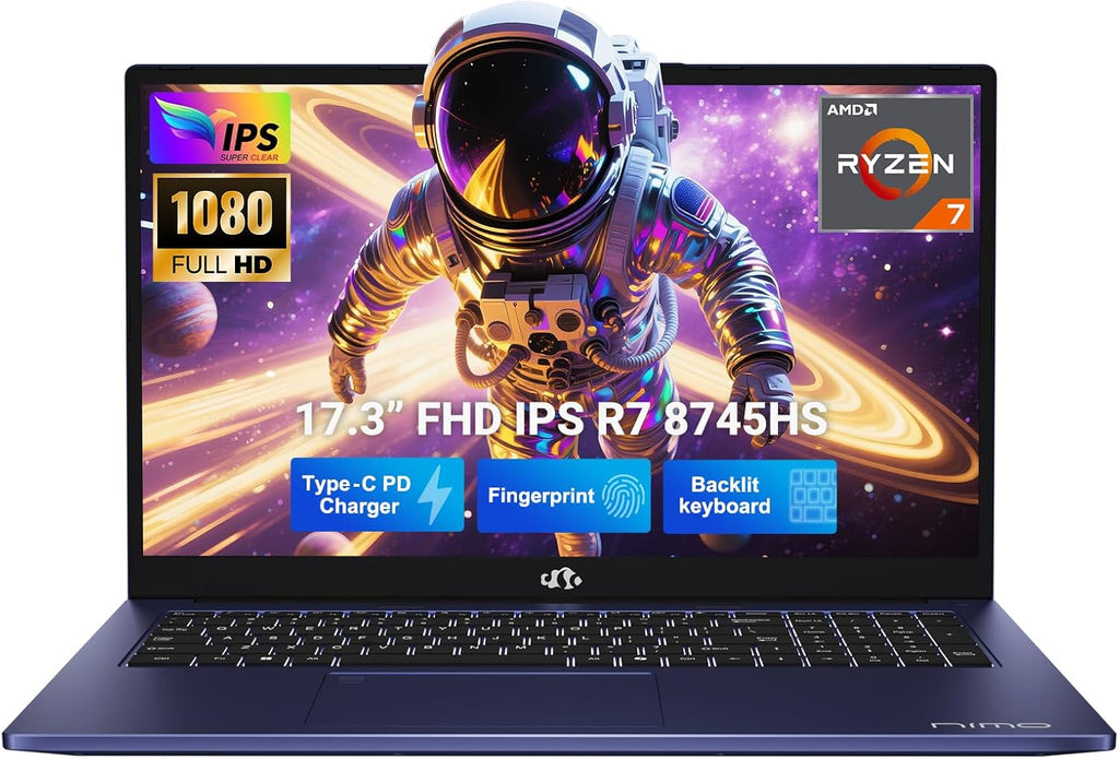NIMO 17.3' Light-Gaming-Laptop, AMD Ryzen 7 8745HS 8 Cores 32GB DDR5 RAM 2TB SSD, Radeon 780M Graphics, FHD IPS Display, 100W Type-C Fast Charger, Backlit Keyboard, Fingerprint, USB 4.0