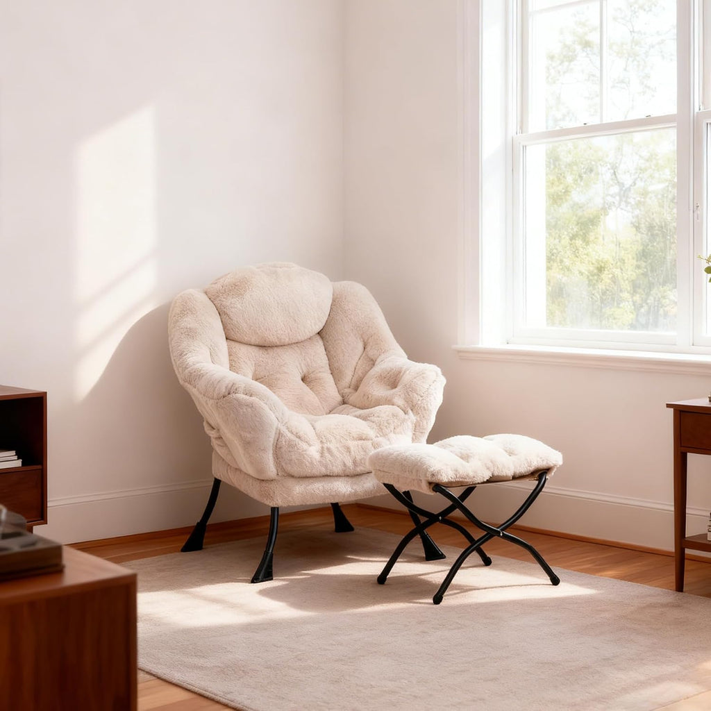 HollyHOME Lazy Chair with Foldable Ottoman, Accent Comfy Lounge Armchair and Folding Footrest Stool, Leisure Sofa Reading Chair and Footstool for Living Room, Bedroom, Dorm,Faux Fur Light Camele
