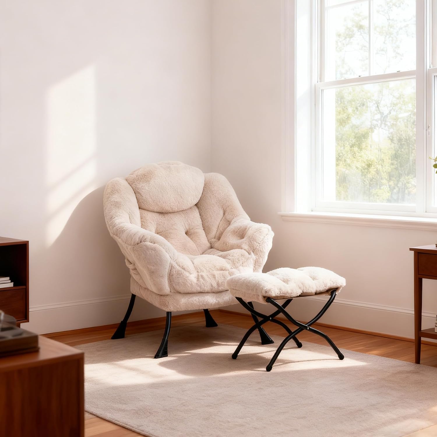 HollyHOME Lazy Chair with Foldable Ottoman, Accent Comfy Lounge Armchair and Folding Footrest Stool, Leisure Sofa Reading Chair and Footstool for Living Room, Bedroom, Dorm,Faux Fur Light Camele