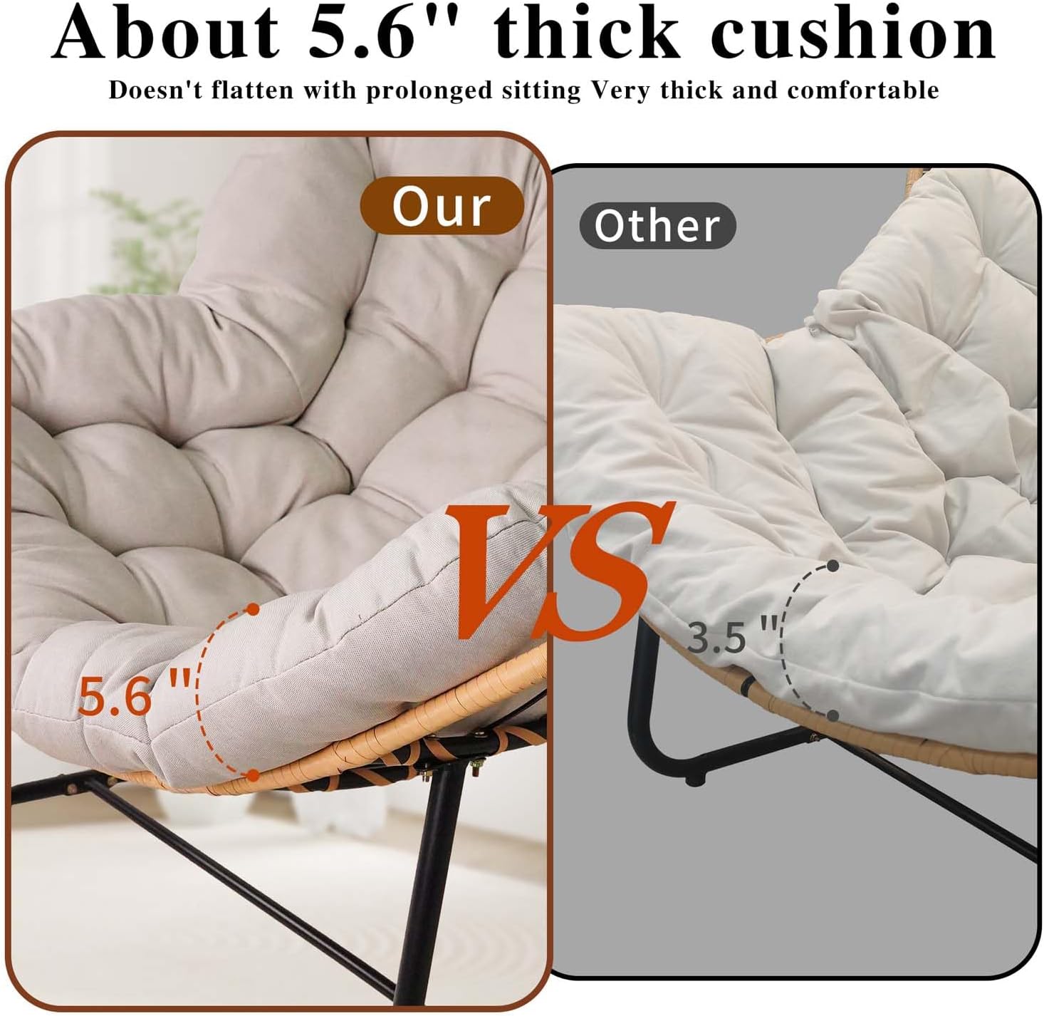 Oversized Papasan Rocking Chair Outdoor/Indoor, Boho Egg Wicker Recliner with Thick Cushion, Versatile Comfy Garden Seating Chairs for Living Room, Bedroom, Balcony, Patio (Beige+Black)