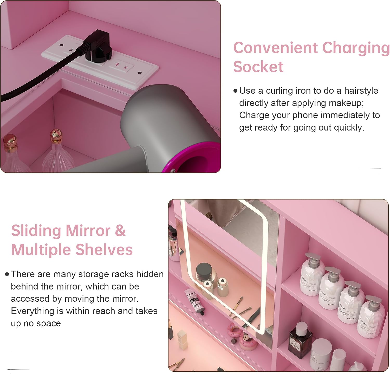 Hadulcet Pink Vanity Desk with Mirror and Lights, 43' Makeup Vanity Desk with Glass Top, Power Outlets, 2 Drawers, 10 Shelves & Acrylic Cabinet, LED Vanity Table for Girls Women Gift