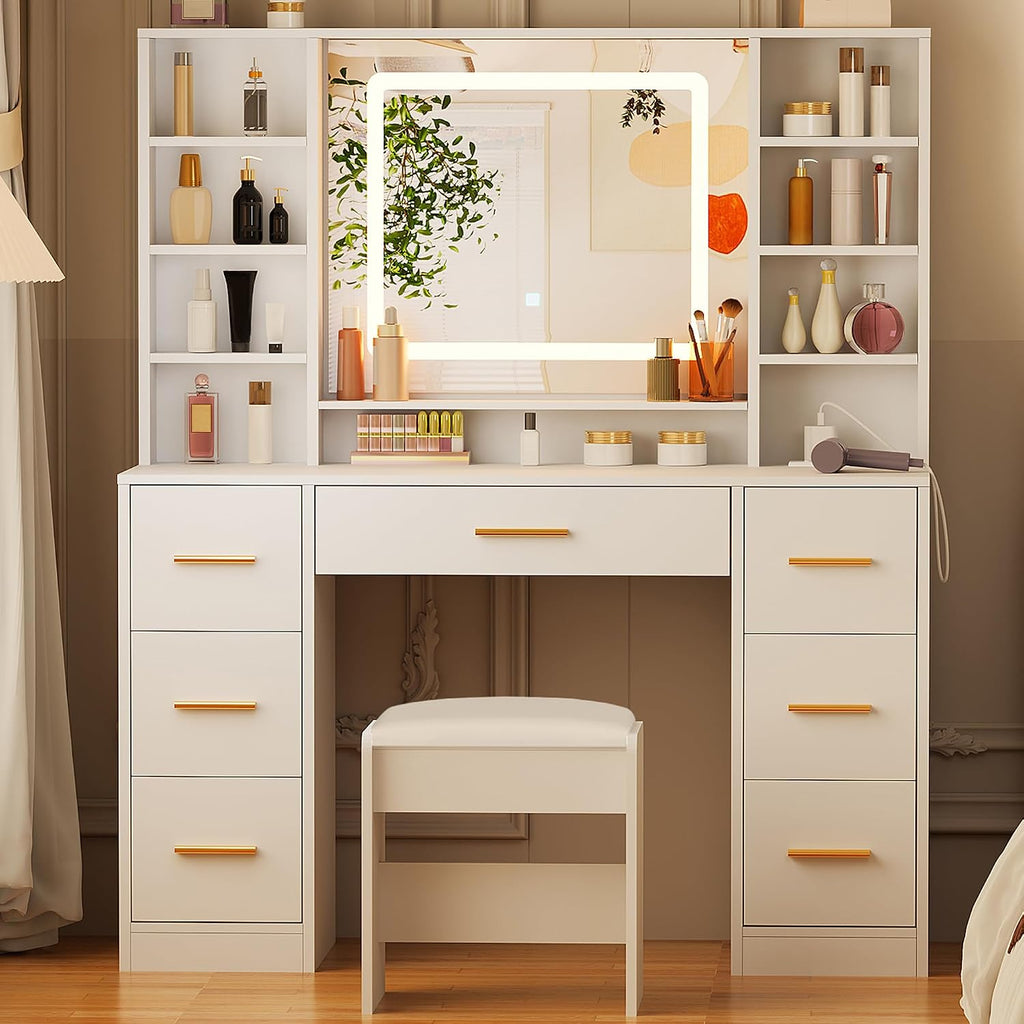 ANWBROAD Vanity Desk Table with Lighted Mirror 39.4' Girls Makeup Vanity with Power Outlet 3 Colors Lighting Adjustable Brightness Vanity Table for Women Bedroom Dressing Room White UBDT65W