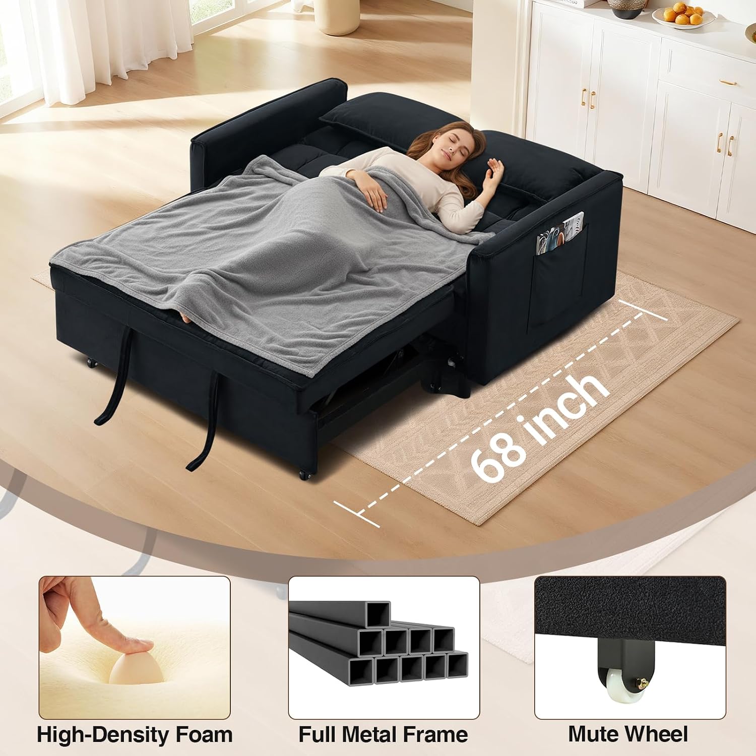 CAPCAEK 3 in 1 Convertible Sleeper Sofa Bed, Modern Velvet Loveseat Pull-Out Couch w/Pullout Bed, Small Love Seat Lounge Sofa w/Reclining Backrest,Toss Pillows, Pockets, for Living Room(Black, 55.1)