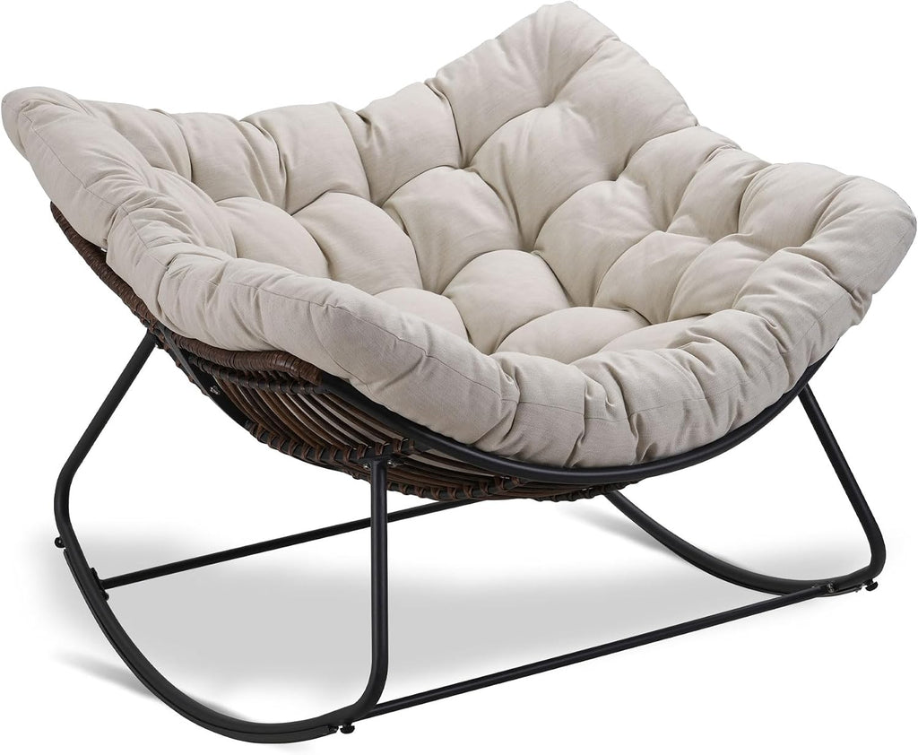 Outdoor Papasan Rocking Chair Oversized, Rattan Rocking Chair, Patio Wicker Egg Chair with Padded Cushion, Rocker Egg Chair for Living Room, Patio, Front Porch, Backyard