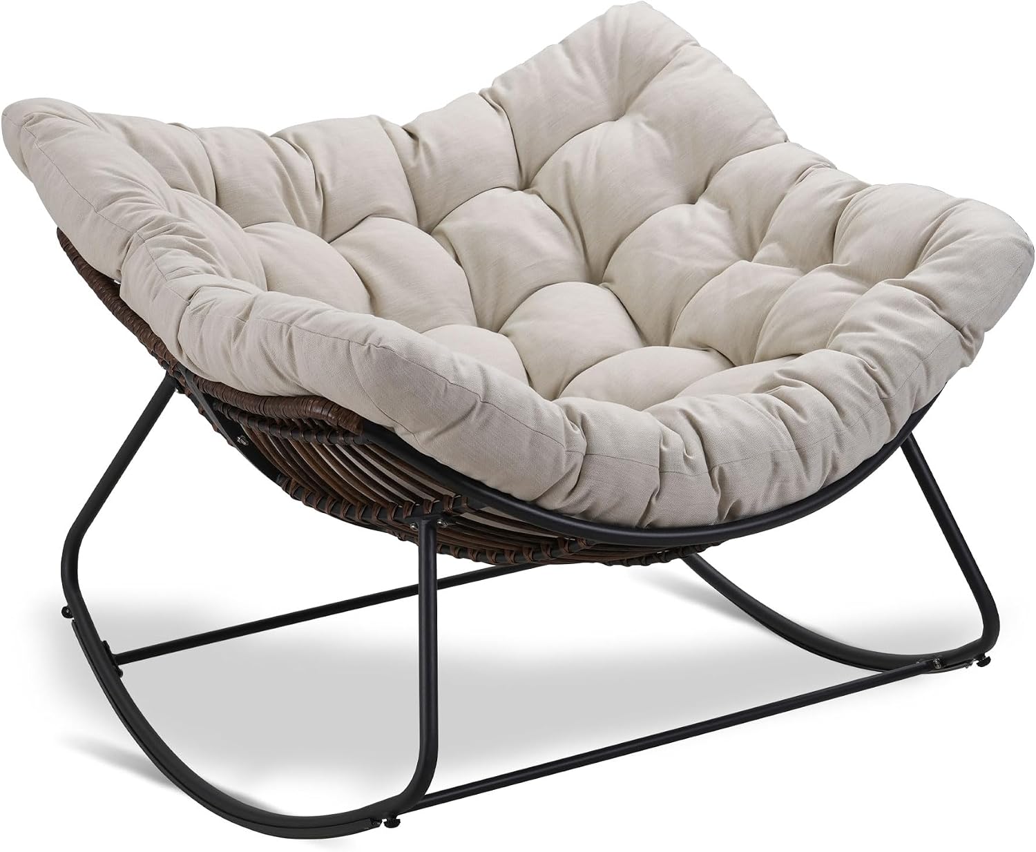 Outdoor Papasan Rocking Chair Oversized, Rattan Rocking Chair, Patio Wicker Egg Chair with Padded Cushion, Rocker Egg Chair for Living Room, Patio, Front Porch, Backyard