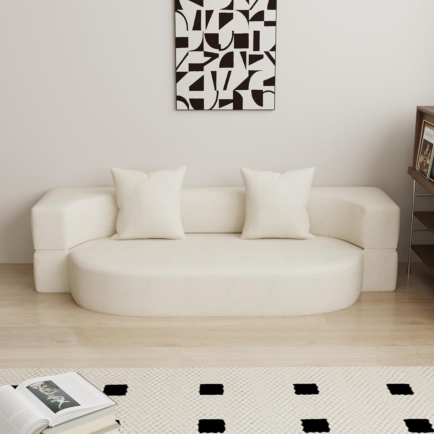 HENGJIANYI Folding Sofa Bed, Convertible Futon Sleeper Bed, 2-in-1 Foldable Floor Mattress, Breathable High-Density Foam Lazy Couch, Twin Size Comfy Lounge Chair with 2 Pillows, Beige