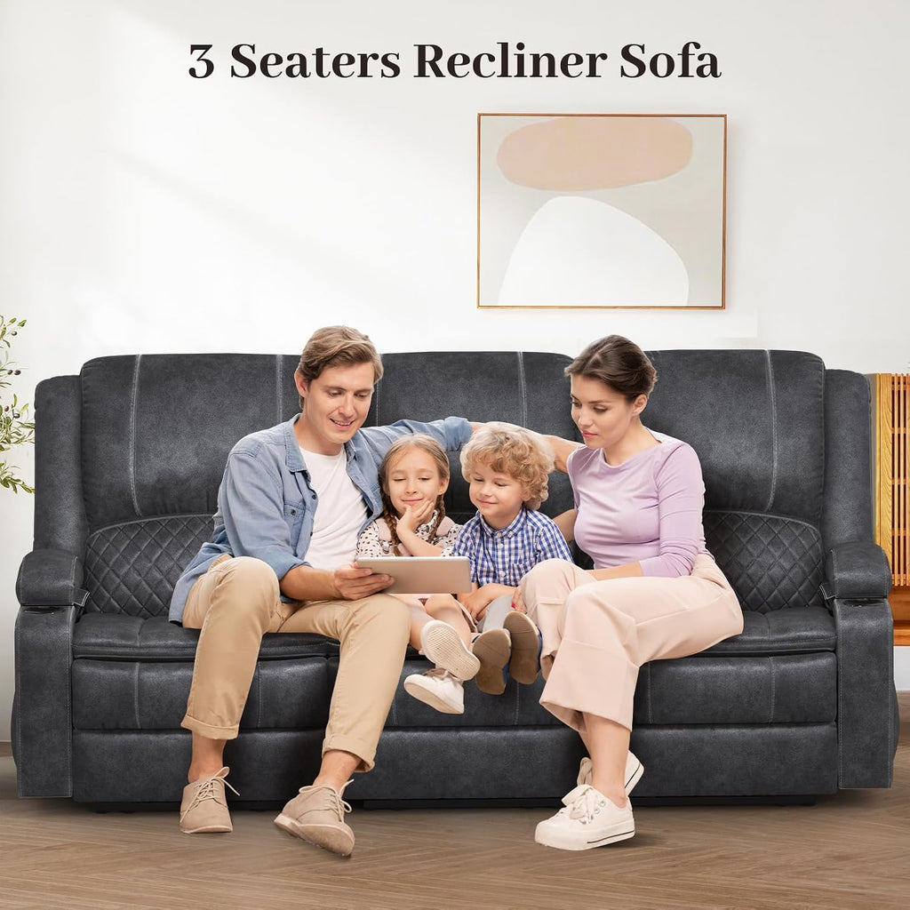 Yolsali 3-Seater Recliner Sofa, Manual Reclining Couch with Multi-Functional Middle Seat, Reclining Sofa for Living Room with Hidden Storage Space, Cup Holders, and Removable Console - Velvet Grey