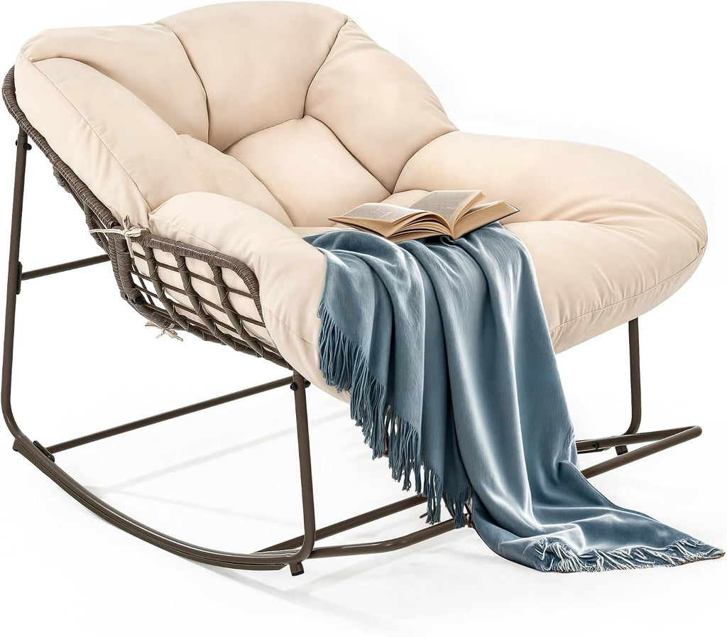 YITAHOME Rocking Papasan Chair, Outdoor Oversized Saucer Chair with Foldable Frame & Comfy Cushion, Wicker Basket Moon Chair for Patio, Porch, Bedroom (Brown+Beige)
