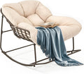 YITAHOME Rocking Papasan Chair, Outdoor Oversized Saucer Chair with Foldable Frame & Comfy Cushion, Wicker Basket Moon Chair for Patio, Porch, Bedroom (Brown+Beige)