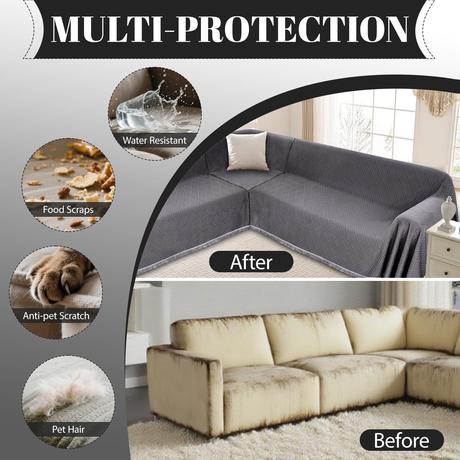 Waterproof Sectional Couch Covers Sectional Sofa Cover L Shaped Corner Sofa Slipcovers Blanket for Dogs Pets Washable Jacquard Quilted L Shape Furniture Protector (75x252 in, Dark Grey)