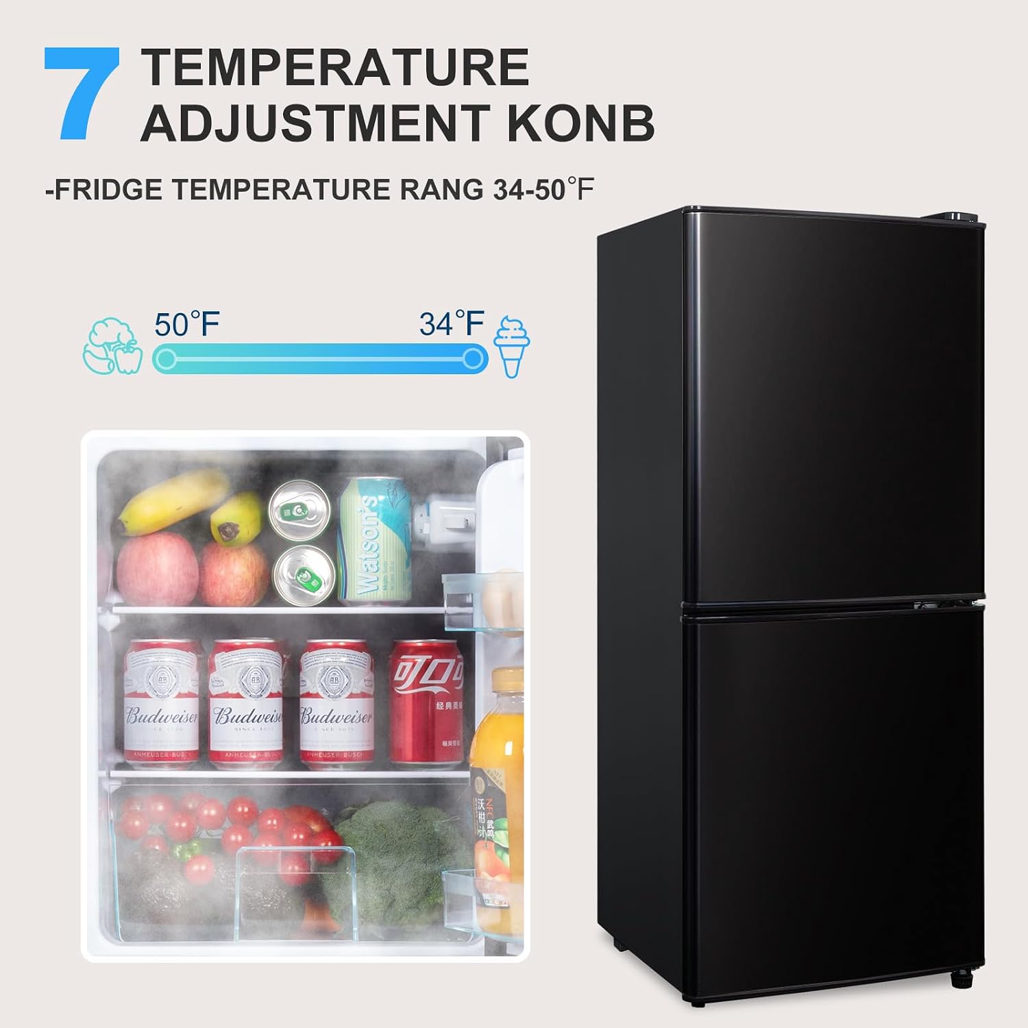Cucina Magica 4.2 Cu Ft Mini Fridge for Bedroom, 2 Door Small Fridge, 7 Level Thermostat, LED Light, Small Refrigerator for Bedroom, Office, Dorm - Black