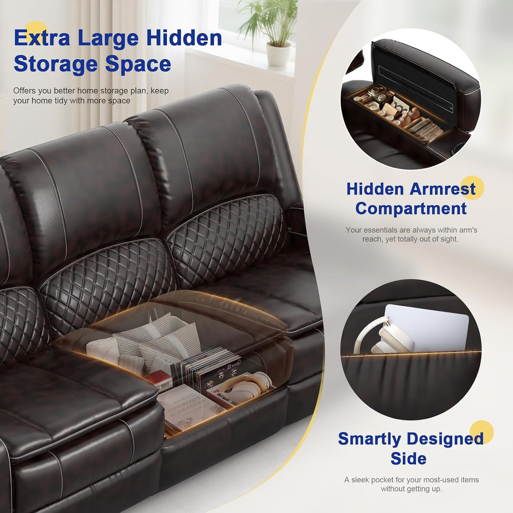 Redesigned Recliner Sofa 3 Seater Couch with Recliner, Home Theater Seating with Liftable Console & Removable Armrest, Manual PU Leather Sofa Reclining with Storage & USB Ports for Living Room