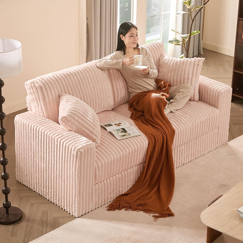 Cloud Couch Queen Sofa 80' 2-Seater Sofa(Not Boneless), Set of Modern Corduroy Loveseat with Deep Seats, High Backrest & Pocket Spring Cushions, Comfy Upholstered Couch for Living Room, Pink