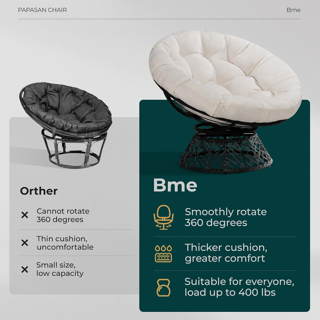 Bme 40' Ergonomic Wicker Papasan Chair with Soft Thick Cushion & Frame, 360° Swivel, Circle, Reading, Comfy Chair for Living Room, Bedroom