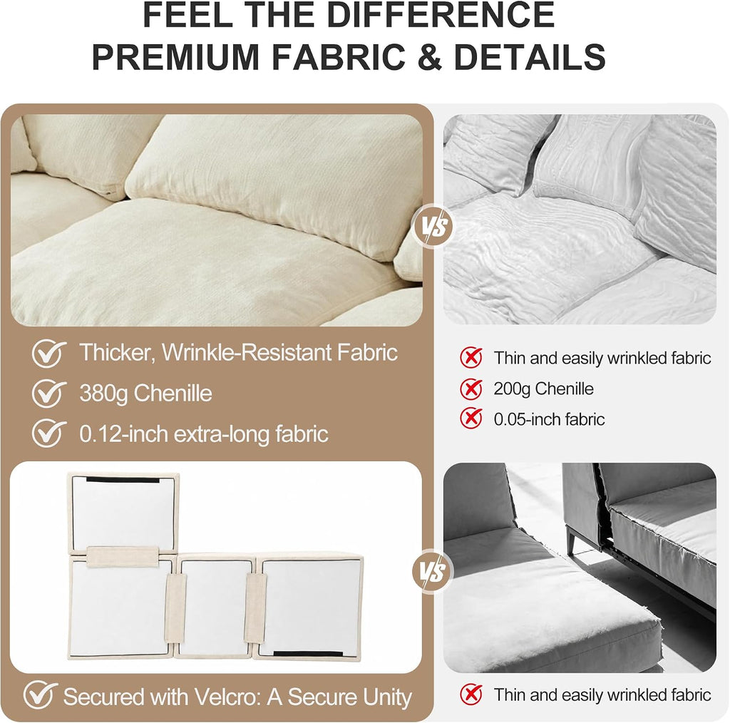 110' Cloud Sectional Couches for Living Room, Convertible L-Shape Boneless Couch with Ottoman, 3 Seater Compressed Sofa Bed Modular Sectional Sofa (Beige)