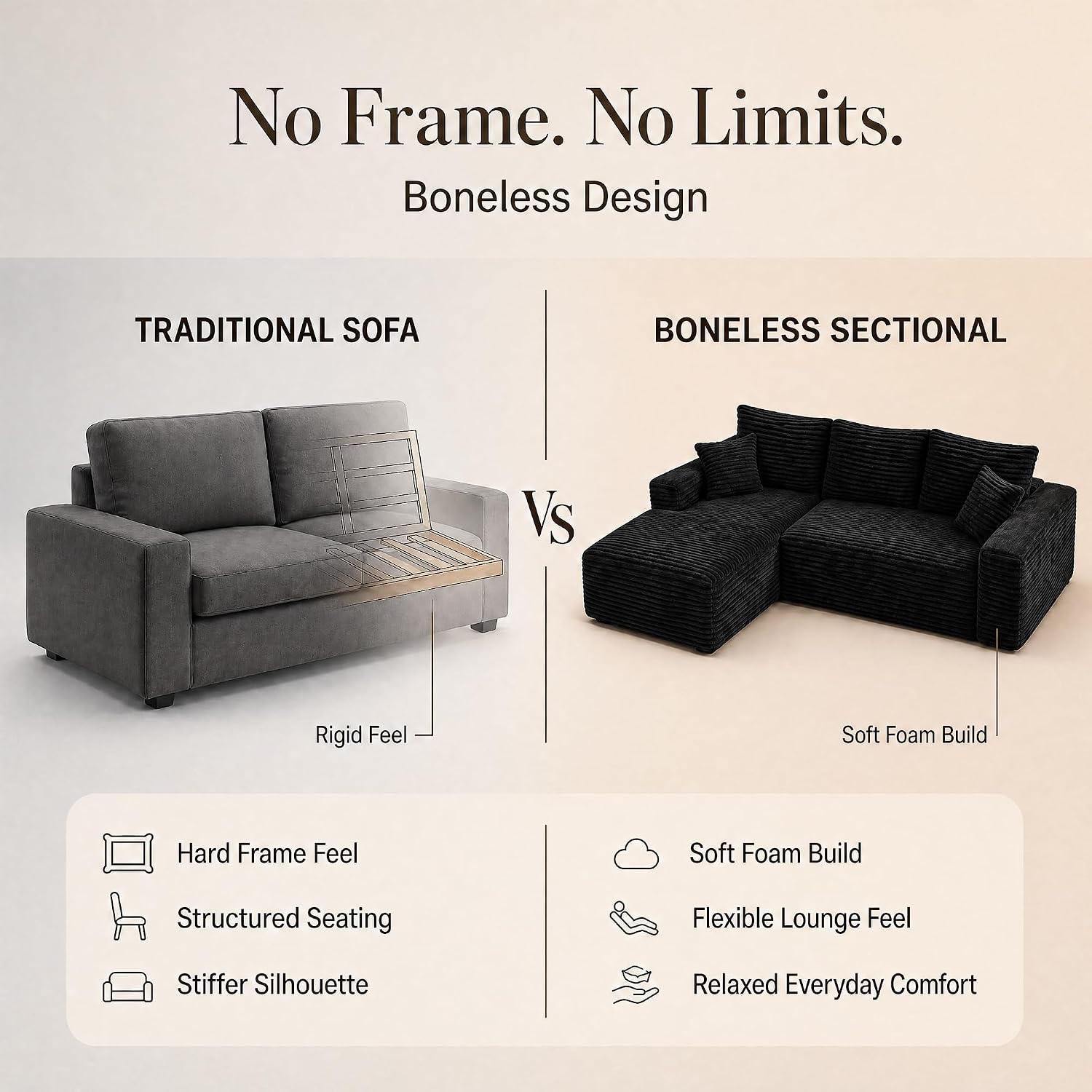 105'' Boneless Modular Sectional Sofa, Cloud Couch with Left Facing Chaise, Oversized Deep Seat, U-Shaped, Soft Corduroy Fabric, Sectional Couch for Living Room -U Black