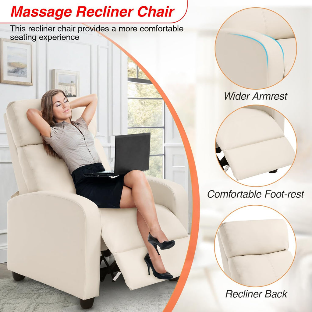 FDW Recliner Chair Massage Chair Reading Chair Reclining Sofa Home Theater Seating with Lumbar Support Massage and Padded Backrest for Living Room and Bedroom (Leather, Beige)