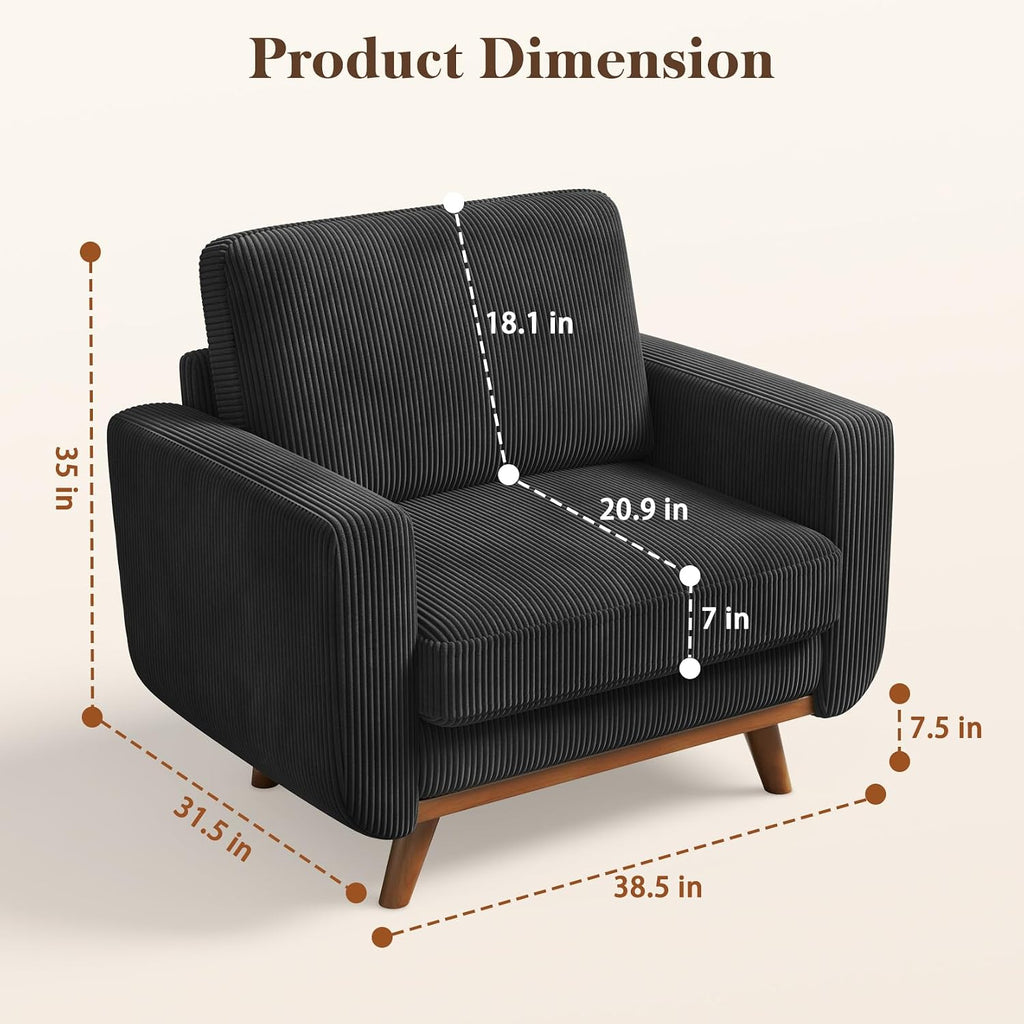 Vesgantti 38.5' Accent Chair Black, Comfy Corduroy Single Sofa Seat with Spring Cushion, Upholstered Armchair with Deep Seat, Reading Chair for Adults, Modern Sofa for Living Room, Bedroom