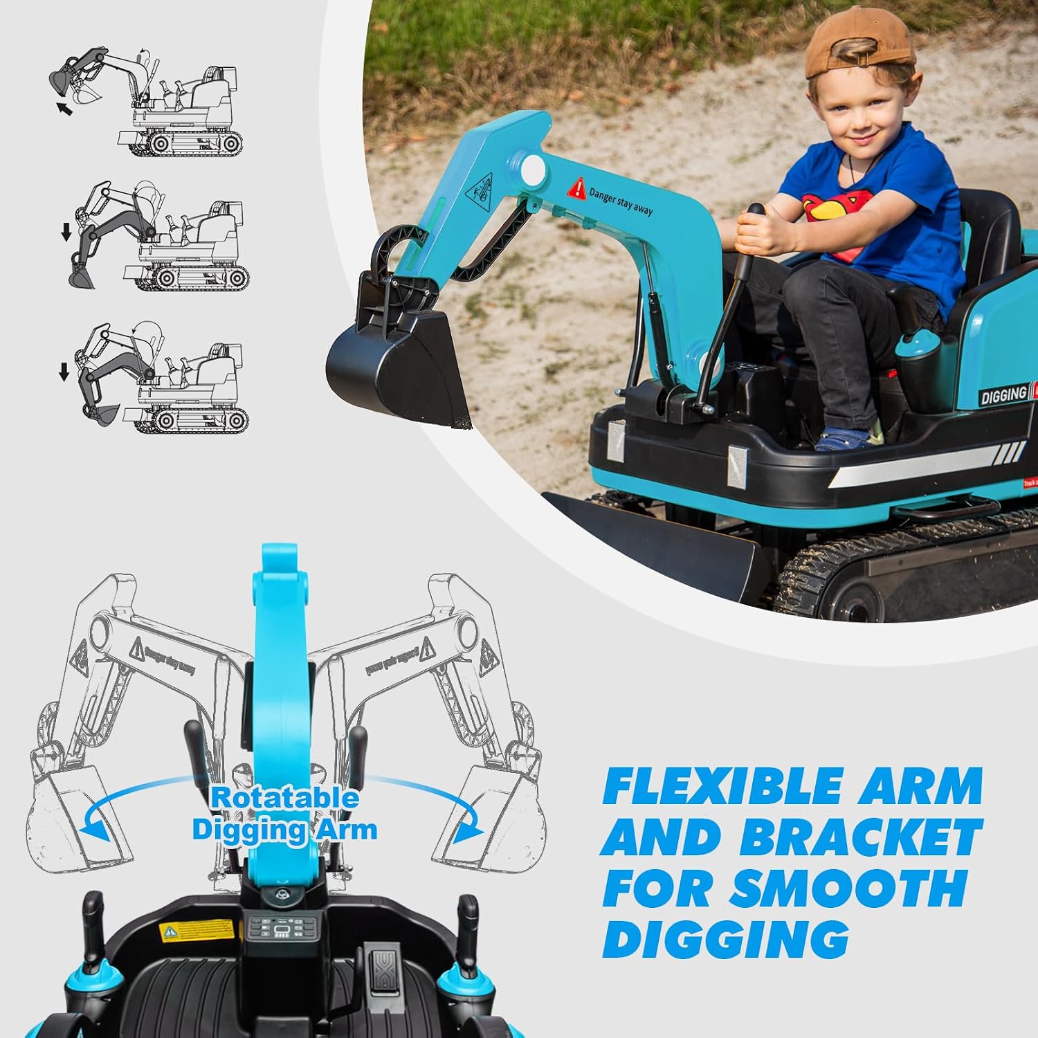 JOYLDIAS 360 Degree Rotating Ride On Excavator and Bulldozer,12V12AH Battery Powered Ride On Toy Backhoe W/Track Design Wheels for All Terrain,Remote Control,MP3,Toolbox for Kids,Parent,Blue