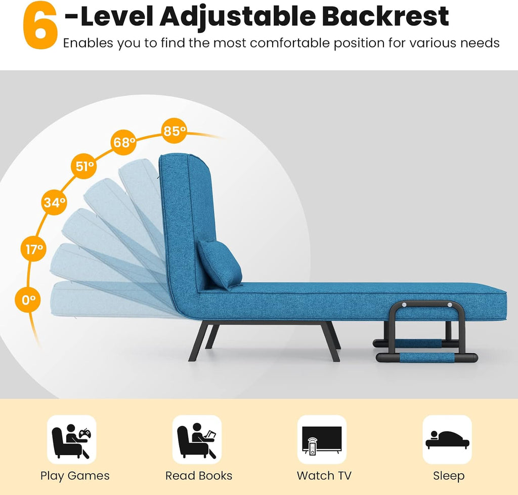 Giantex Convertible Sofa Bed, 4-in-1 Folding Sleeper Chair w/Pillow, Modern Recliner Guest Bed with 6 Positions Adjustable Backrest, Metal Legs, Linen Armchairs for Nursery Living Room Office (Blue)