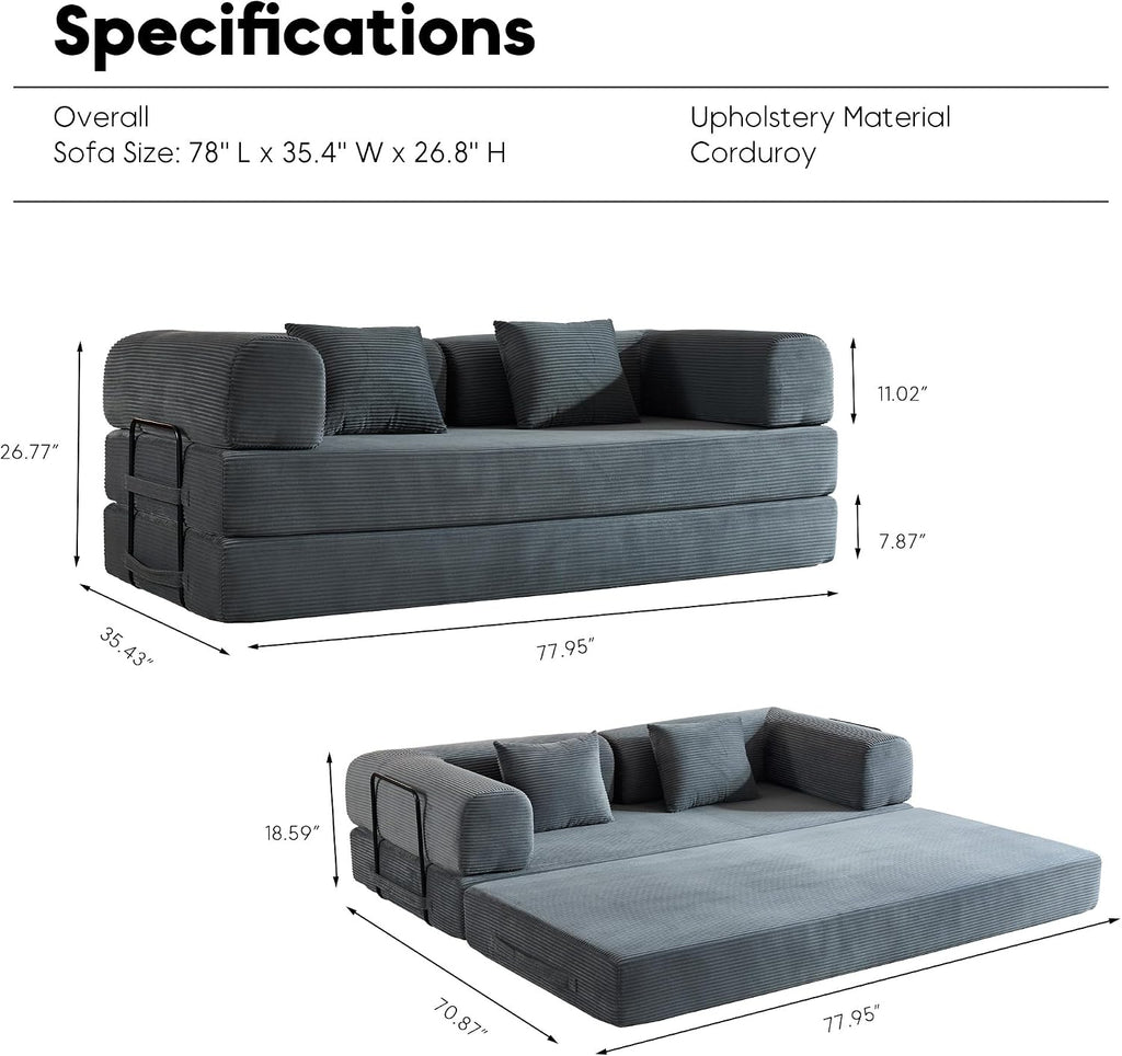 ZEIINPA Comfy Convertible Folding Mattress Couch, Floor Sofa Bed with Fixed-Shape Frame, Corduroy Floor Sofa with Armrest, Floor Sofa Lounge Couch for Living Room Bedroom Lounge Studio,Grey