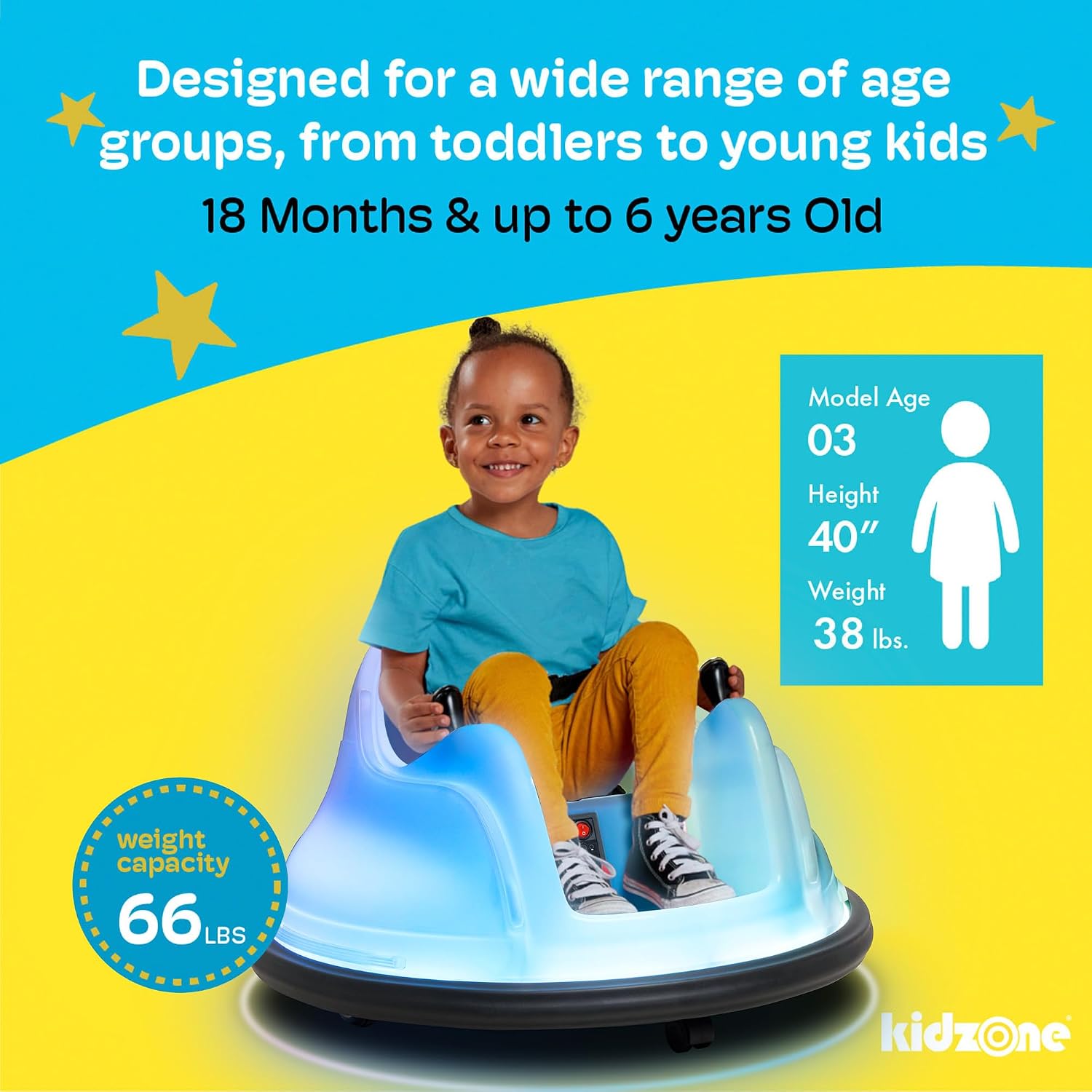 Kidzone 6V Electric Ride On Bumper Car for Kids & Toddlers 18-72 Months, Baby Bumping Toy Gifts W/Remote Control, Flashing Full-Body LED Lights & 360 Degree Spin, DIY Sticker, White